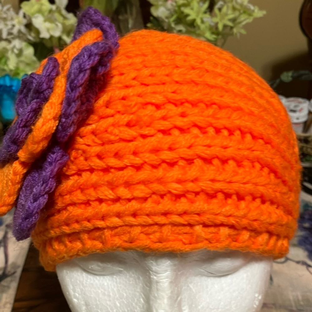 Head, scarf, orange with purple and orange rhinestone flower